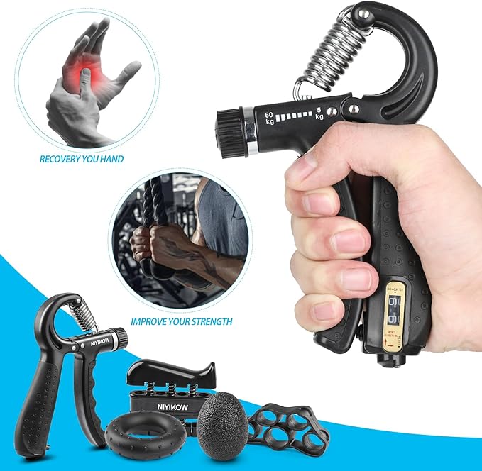 NIYIKOW Grip Strength Trainer Kit With Counter (5 Pack) - Adjustable Hand Strengthener, Counting Strength, Finger Trainer, Exerciser, Ring & Stress Relief Ball With Carry Bag
