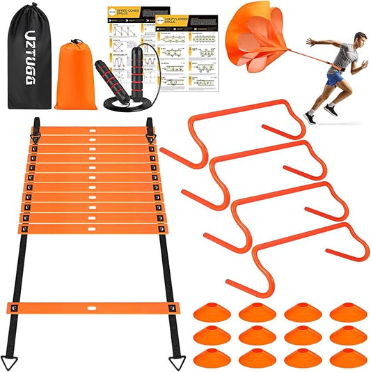 Soccer Training Equipment, Speed Agility Training Equipment for Kids Youth Adults, 20ft Agility Ladder, 4 Hurdles, Jump Rope, 12 Soccer Cones, Running Parachute, Football Training Equipment