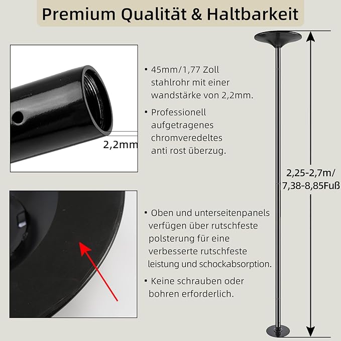 Dance Pole Set -Premium Height Adjustable 7.38-8.85ft Portable 45mm Diameter 360°Spinning Dancing Pole for Home,200KGS Capacity,Drill-Free Installation with Floor-to-Ceiling Stability