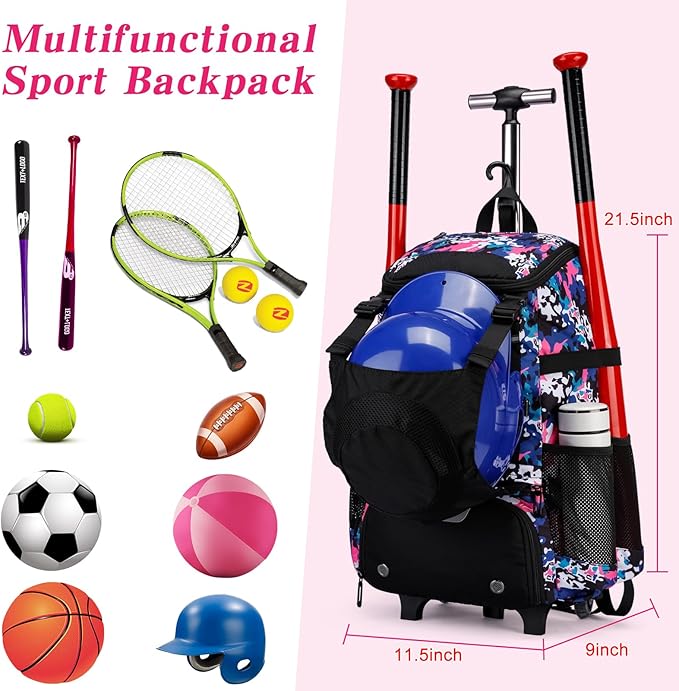 Softball Bag, Baseball Rolling Bat Bag - Wheeled for Youth Girls Adult, Lightweight Equipment Backpack With Shoe Compartment, Fence Hook for TBall, Helmet