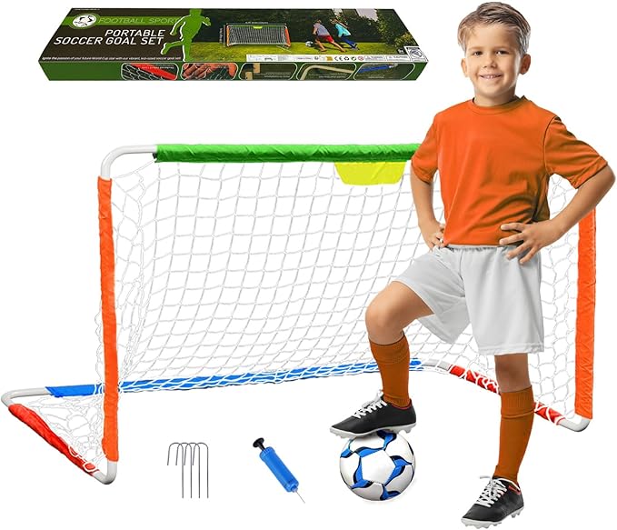 Kids Soccer Goal, Steel Frame Soccer Goal for Backyard - Portable Soccer Net for Kids with Size 2 PU Leather Soccer Ball and Air Pump, Soccer Gifts for Boys Girls