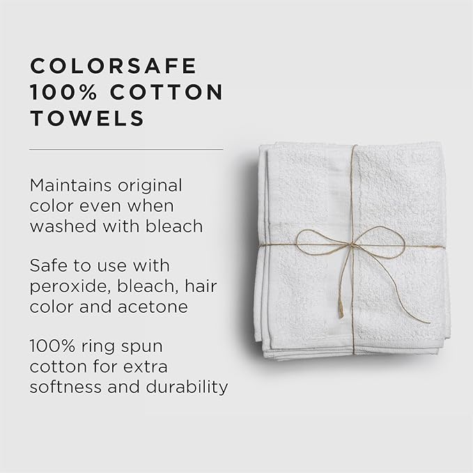 Fromm ColorSafe 100% Cotton Bleach Proof Salon Hair Towels for Hairstylists, Barbers, Spa, Gym in White, 16" by 29", 6 Count Absorbent Stain Resistant Towels for Drying Curly, Long, Wavy Hair