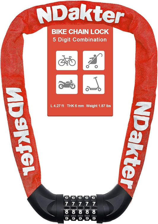 NDakter Bike Chain Lock, 5 Digit Combination Heavy Duty Anti Theft Bicycle Chain Lock,2.62/3.2/4.27/5/6Ft Long Security Resettable Bike Locks for Bike, Bicycle, Scooter, Door, Gate, Fence-4/6mm Thick
