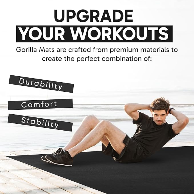 Gorilla Mats Premium Large Exercise Mat – 6x4', 7x4', x7x5', 8x4', 10x4' (1/4" Thick) Ultra Durable, Non-Slip, Workout Mat for Instant Home Gym Flooring – Great on Any Floor – Use With or Without Shoes
