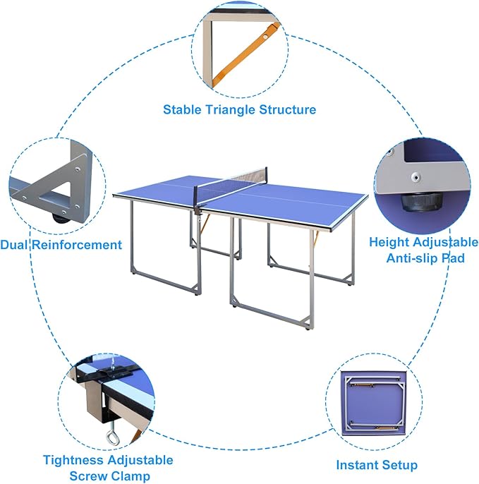 4FT/6FT/8FT/9FT Folding Rolling Table Tennis Table Regulation Ping Pong Table with 2 Paddles 3 Balls 1 Net and Post Set Fold-Up Design 4 Wheels for Easy Movement