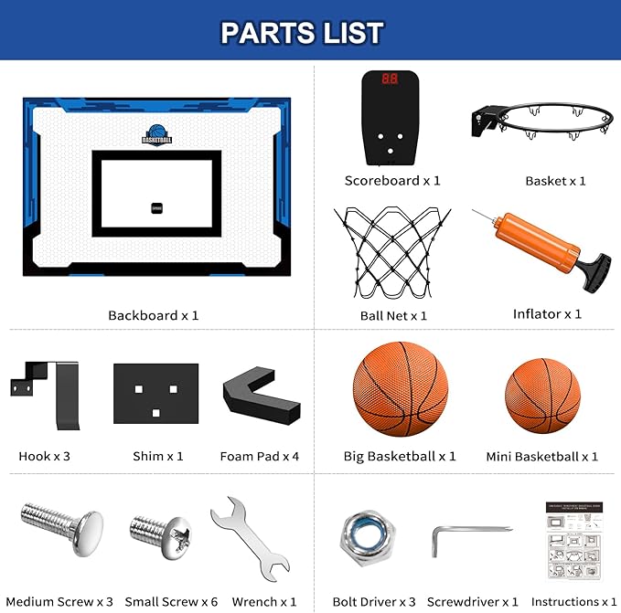 24" x 16" Large Basketball Hoop Indoor for Adults, Over The Door Hoop with Sturdy Backboard, Big Basketball Toys Gifts Ideas for Man Kids Teens Boys Girls, Blue