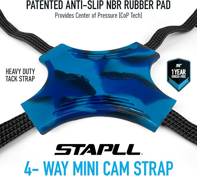 Tack Strap – 4-Way Flat Bungee Cord with Rubber Pad Grip, Non-Slip Tie Down Straps for Motorcycle, ATV, Kayak, Cycling, Camping, Truck Storage, Adjustable Bungee Cords - 2 Pack (Black & Blue)
