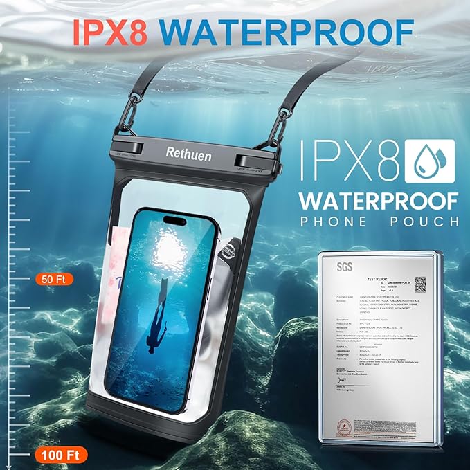 Large Waterproof Phone Pouch, 2Pack Floating Waterproof Bag for iPhone 16 15 14 13 12 Pro Max Galaxy S24 S23 S22 All Phones, Cell Phone Dry Bag for Beach Swimming Rafting Boating (Black + Black)