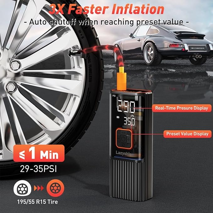 Tire Inflator Portable Air Compressor - Air Pump for Car Tires Cordless Rechargeable, 150PSI Electric Bike Tire Pump with Pressure Gauge for Bicycle Motorcycle Ball, Gifts for Car Owner, Auto Shutoff