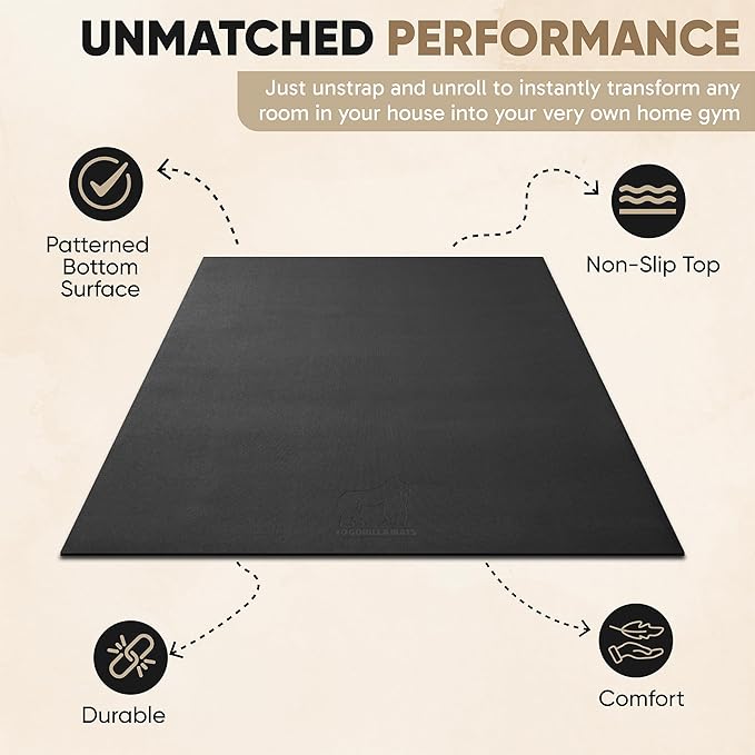 Gorilla Mats Premium Large Exercise Mat – 6x4', 7x4', x7x5', 8x4', 10x4' (1/4" Thick) Ultra Durable, Non-Slip, Workout Mat for Instant Home Gym Flooring – Great on Any Floor – Use With or Without Shoes