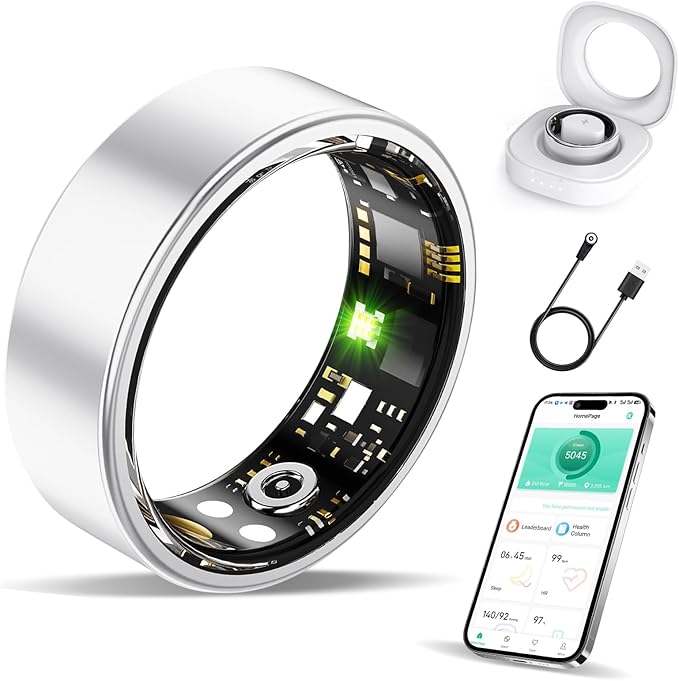 Smart Ring with Sleep Monitoring, Step Counting, Heart Rate, Blood Oxygen, Blood Pressure for iPhone and Android, No Subscription Fee, IP68 Waterproof Health Tracker (Silver, 10)
