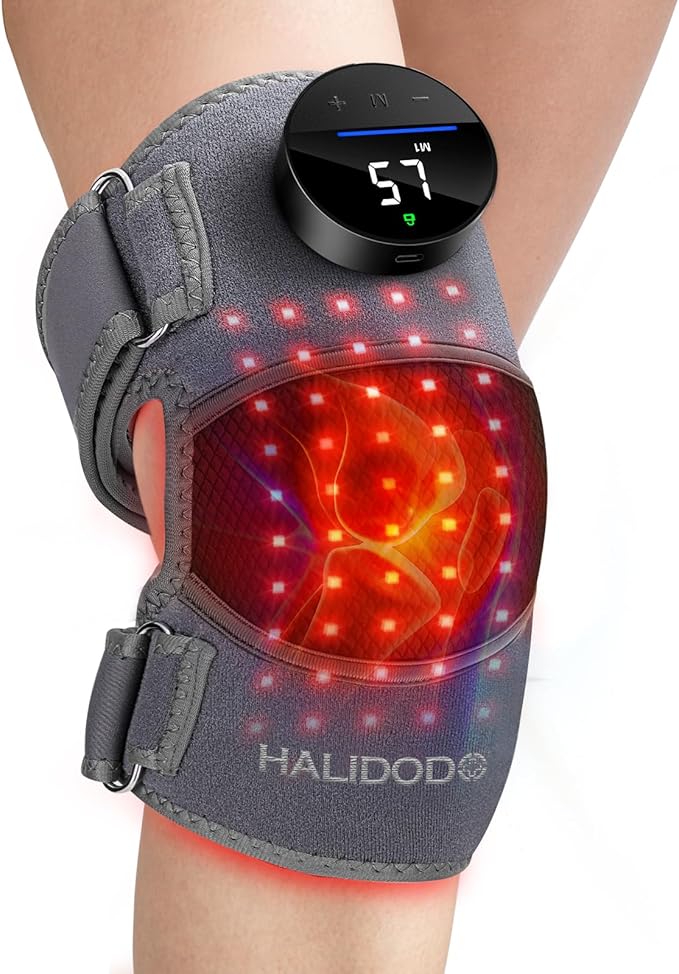 HALIDODO Red Light Therapy & Vibration Massage Knee Brace - Wireless Rechargeable Controller, 660nm&850nm Red Light Therapy Heated Device for Knee/Joint/Elbow/Shoulder Pain Relief, Gray.