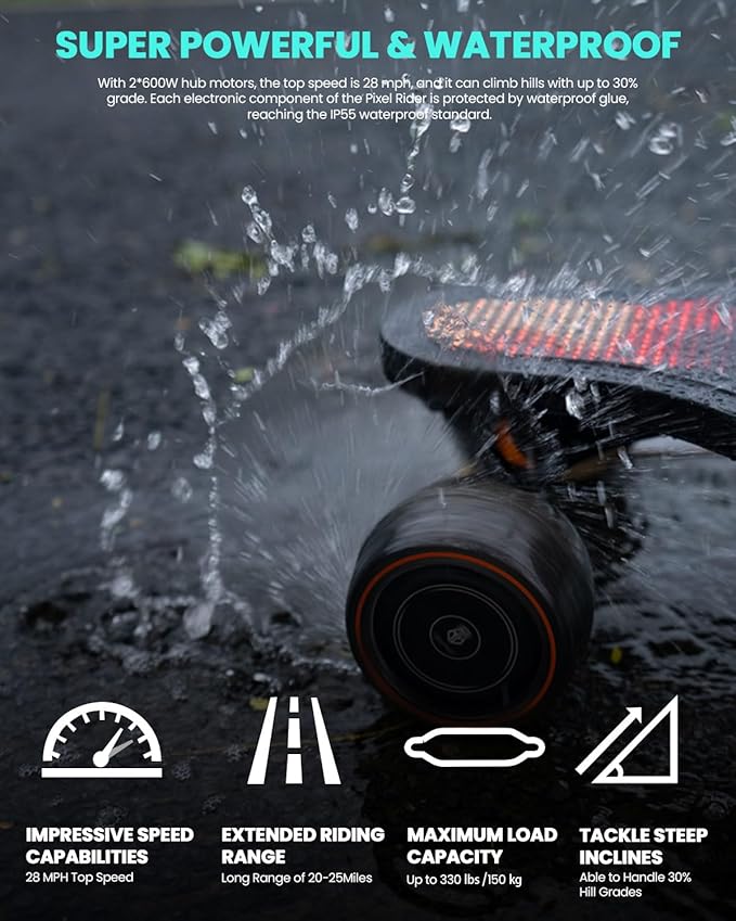 S3/Pixel Rider Electric Skateboards with Remote and Swappable Battery/Top Speed 28 Mph/2 * 600W Motors/12Miles/25Miles Max Range Electric Longboards for Adult＆Beginner
