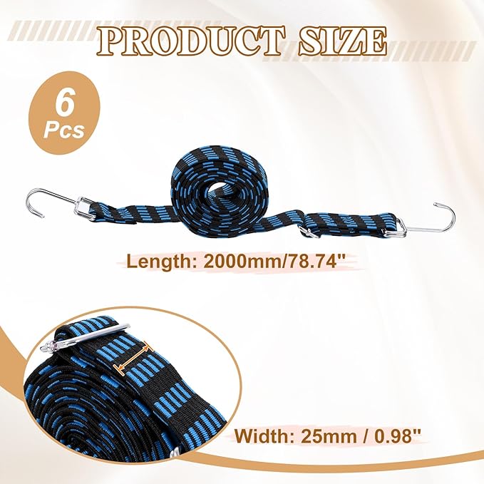 uxcell 6Pcs Adjustable Bungee Cords with Hooks, 79 Inch Flat Heavy Duty Elasticity Straps Rubber Bungee Cords with Buckle for Outdoor, Camping, Tarp, Bike Rack, Luggage, Black Blue