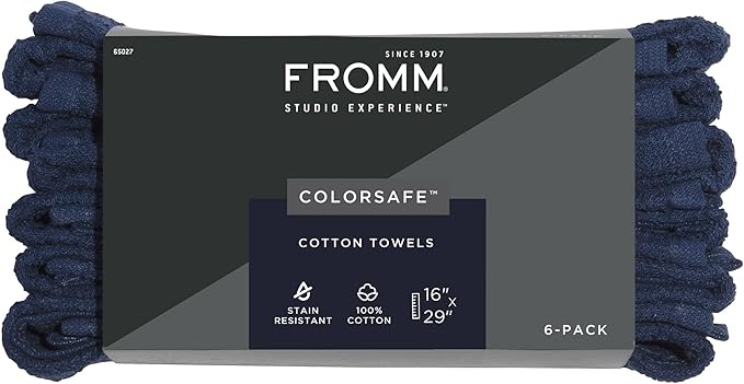 Fromm ColorSafe 100% Cotton Bleach Proof Salon Hair Towels, for Hairstylists, Barbers, Spa, Gym, Absorbent and Stain-Resistant Navy Blue Towels for Drying Long, Curly, Wavy Hair, 16" x 29",6 Pack