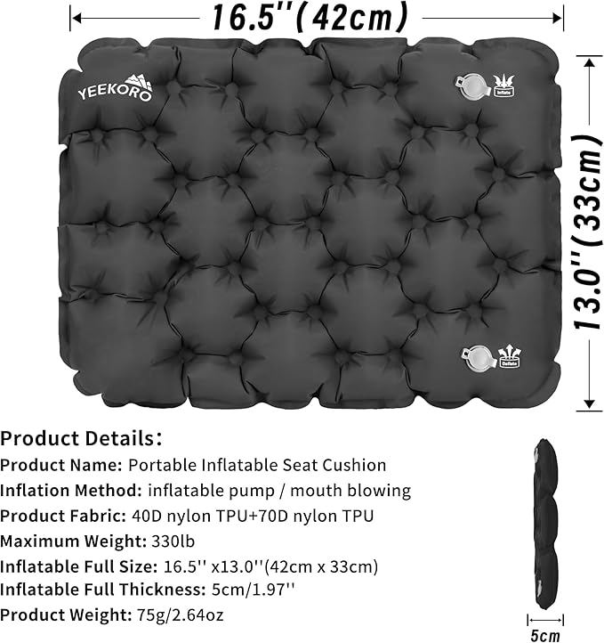 Inflatable Seat Cushion, Lightweight Camping Air Sitting Pad with Repair Cloths, Waterproof Air Cushion, Portable Air Seat Cushion for Climbing Hiking Office Airplane Car Stadium Seat