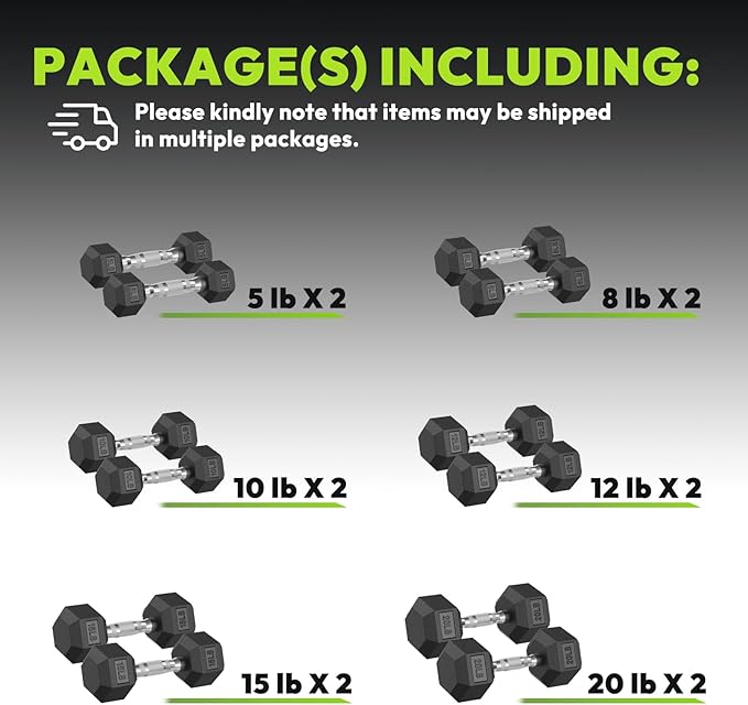 Hex Dumbbell 45-480 lb Set, Rubber Encased Exercise & Fitness Dumbbells for Home Gym, Hand Weights for Strength Training