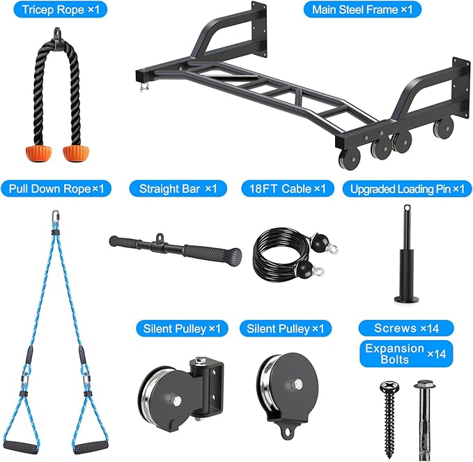 SELEWARE 48'' Heavy Duty Pull Up Bar Wall Mount Multi-function Chin up Bar with Home Gym Cable Pulley System LAT Pulldown Workout Attachments Heavy Bag Hanger