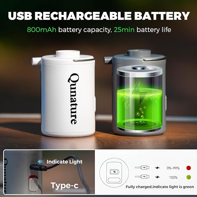 Portable Air Pump for Inflatables, 4KPa Mini Electric Rechargeable Pump, Quickly Inflate Deflate for Pool Floats, Swimming Rings, Air Mattress, Sleeping Pads, Vacuum Storage Bags 800mAh