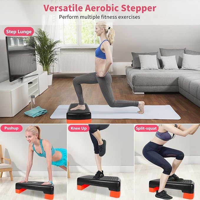 Height-Adjustable 4"-6" Step Aerobics Platform Fitness Equipment Stepper Trainer Exercise Step Platform with 2 Riser
