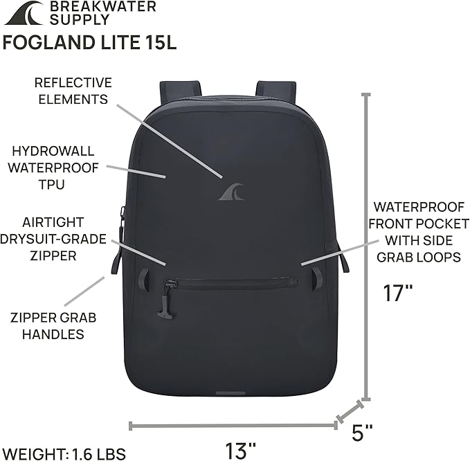 Breakwater Supply™ Waterproof IP68 Submersible Backpack with Airtight Zippers | Laptop Travel Outdoors | Fogland 25L 20L 15L