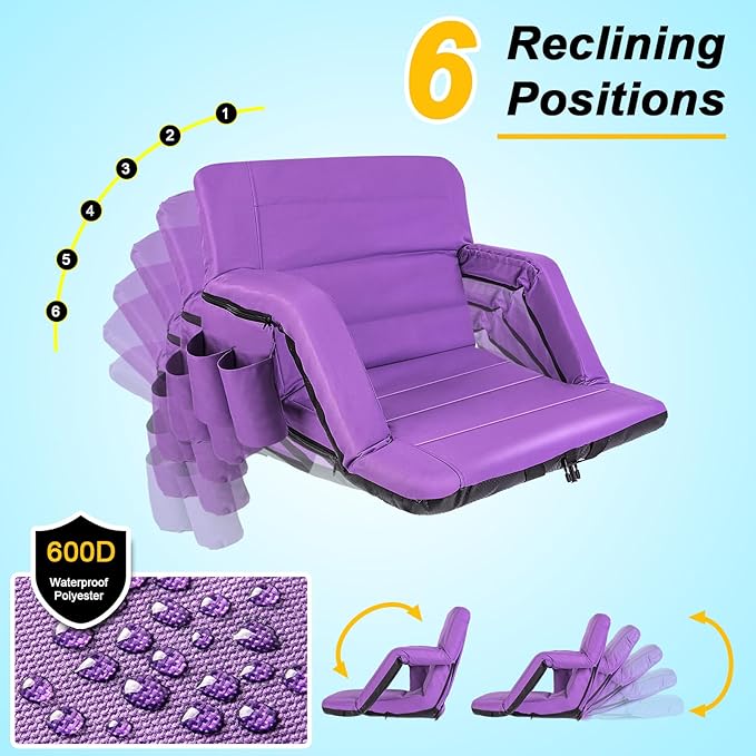 Extra Wide Stadium Seats with Back Support, Exclusive Bleacher Chairs with Back and Cushion Folding Stadium Chairs, 6 Reclining Positions Waterproof Bleacher Seats (Extra Wide|25" Purple)