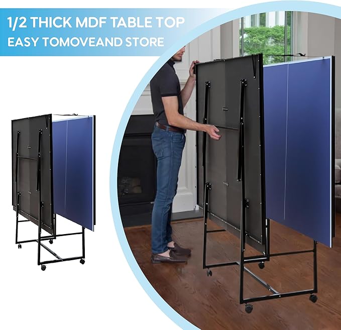 Portable Ping Pong Table, Mid-Size Foldable Table Tennis Table w/Net, 2 Paddles, 3 Balls, Table Tennis Table for Indoor Outdoor, Ping Pong Tablefor Kids Family Holiday Sports