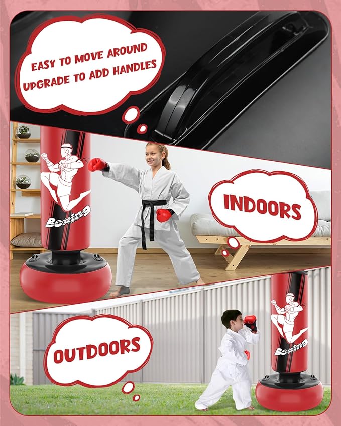 66 Inch Inflatable Kids Punching Bag with Boxing Gloves, Freestanding Boxing Bag, Stand Kids Punching Bag Toy, Bounce-Back Bag Gifts for Kids, Girls, Boxing Set for Practicing Karate, Taekwondo, MMA