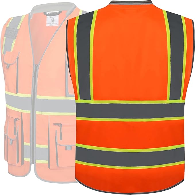 JKSafety 10 Pockets Class 2 Hi-Vis Zipper Front Safety Vest | Cushioned Collar | High Reflective Tapes with Extended Neon Yellow Strips | Meets ANSI/ISEA Standards (XX-Large, 89-Orange)