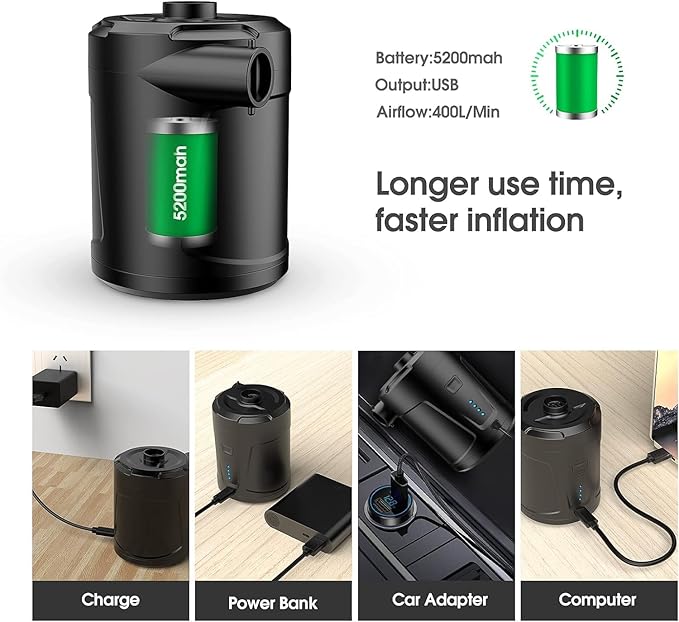 Mini Air Pump, USB Rechargeable Quick-Fill Inflator Deflator Air Mattresses,Camping 3 Nozzles,Small air Mattress Pump,air Mattress Pump Electric,Portable Rechargeable air Pump for Inflation