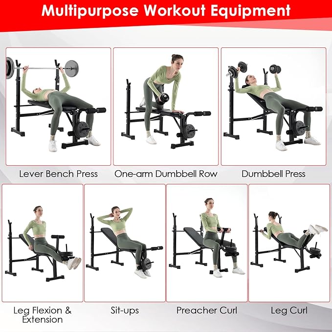 Goplus Adjustable Olympic Weight Bench Barbell Rack Set, Foldable Workout Bench Press Set with Leg Developer, Squat Rack, Home Gym Flat Incline Decline Weight Lifting Strength Training