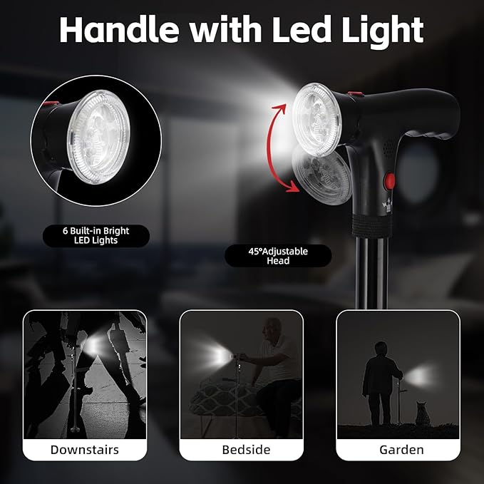 Walking Stick，Walking Canes for Women & Men，Folding Cane with Led Light and Alarm, with Side Handle, Collapsible Cane Lightweight, Free Self Standing Foldable Stick for Seniors & Adults