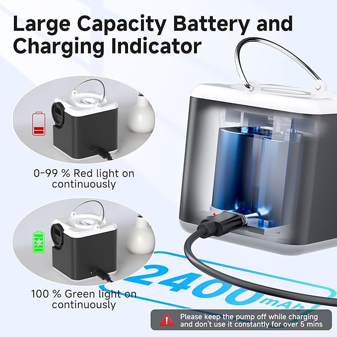 Portable Air Pump for Inflatables, 4.5kPa Mini Air Mattress Pump with Camping Light, 2400mAh Battery Rechargeable Air Pump for Pool Floats, Sleeping Pads, Swimming Ring, Vacuum Storage Bags