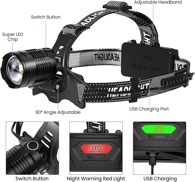 LED Headlamp Rechargeable, 99000 Lumens Bright Head Lamp Βattery Include, 90° Adjustable Head Lights for Forehead with 3 Modes, Long Runtime & Waterproof Headlamps for Adults Camping Hiking