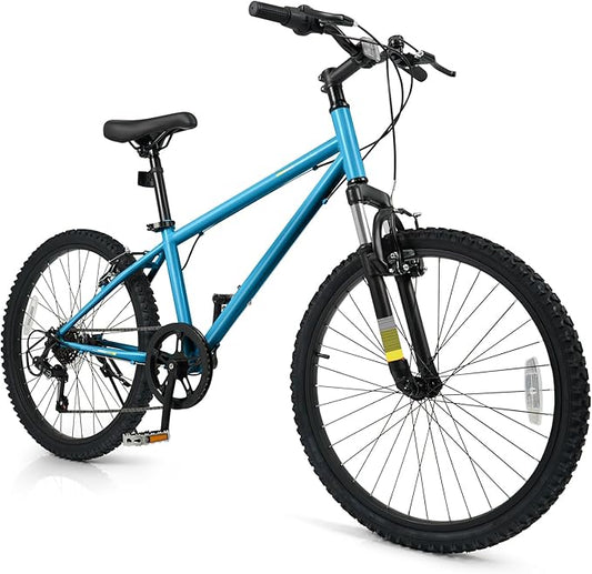Goplus Mountain Bike, 20/24 Inch Kids Bicycle w/ 6-Speed Drivetrain, Suspension Fork, Dual Brakes, Adjustable Seat, Outdoor Cycling Children City Bike for Boys Girls