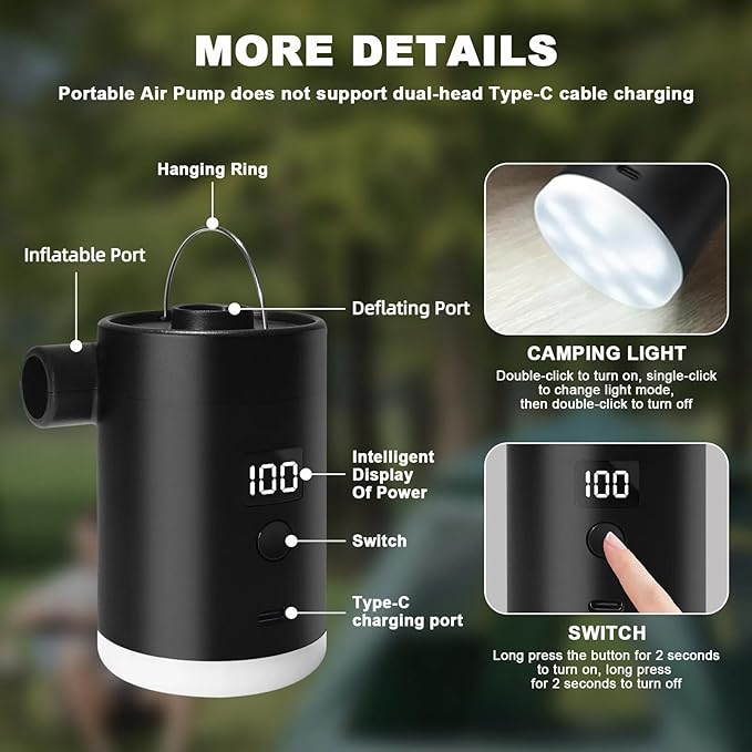 Portable Air Pump for Inflatables: Type-C Rechargeable with 4000mAh Battery Lightwight Ultra-Fast Inflate Deflate Electric Air Pumps with Camping Light for Sleeping Pads, Pool Toys, Floats