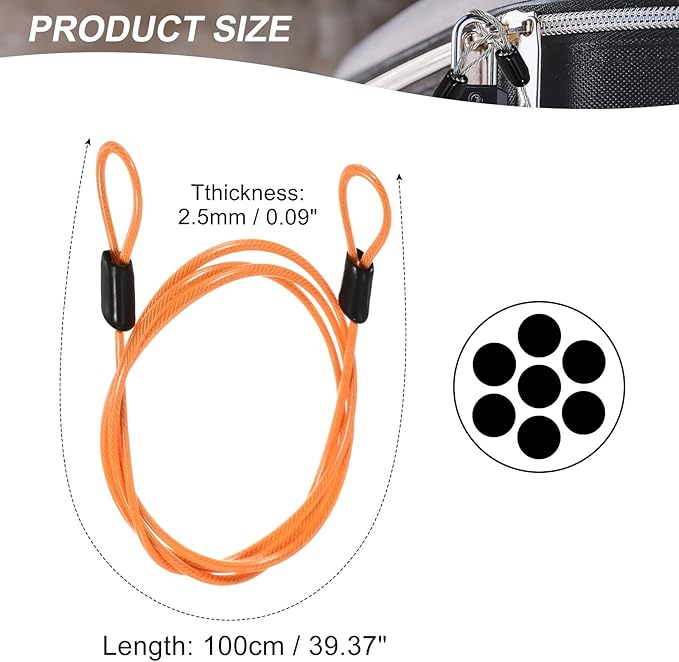MECCANIXITY Security Steel Cable Lock, Safety Cable Flexible Wire Rope Luggage Lock 3.3feet 2.5mm Vinyl Coated Braided Steel with Double Loop for Bike Bicycle U-Lock Padlock Orange
