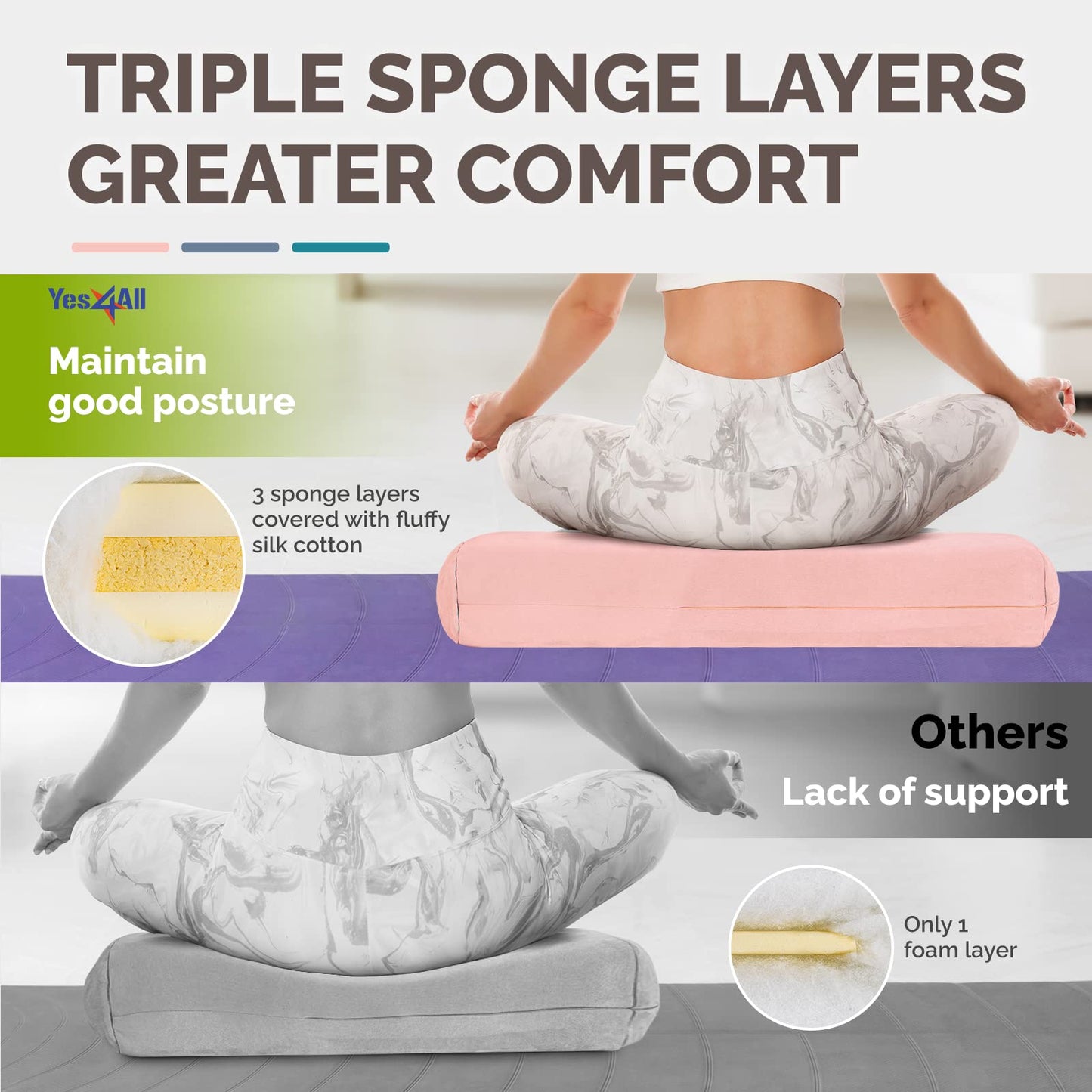 Yes4All Triple-Layer Sponge Yoga Bolster Pillow for Restorative Yoga & Meditation - Versatile Support Pillow, Balance & Poses Modification