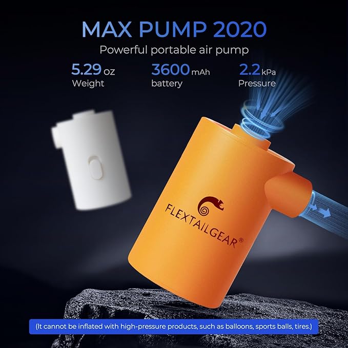 FLEXTAILGEAR MAX Pump Portable Air Pump with 3600mAH Battery USB Rechargeable Air Pump-Quick Inflate Deflate for Sleeping Pads, Air Mattress, Pool Toys, Floats, Swimming Ring, Air Bed (Orange)