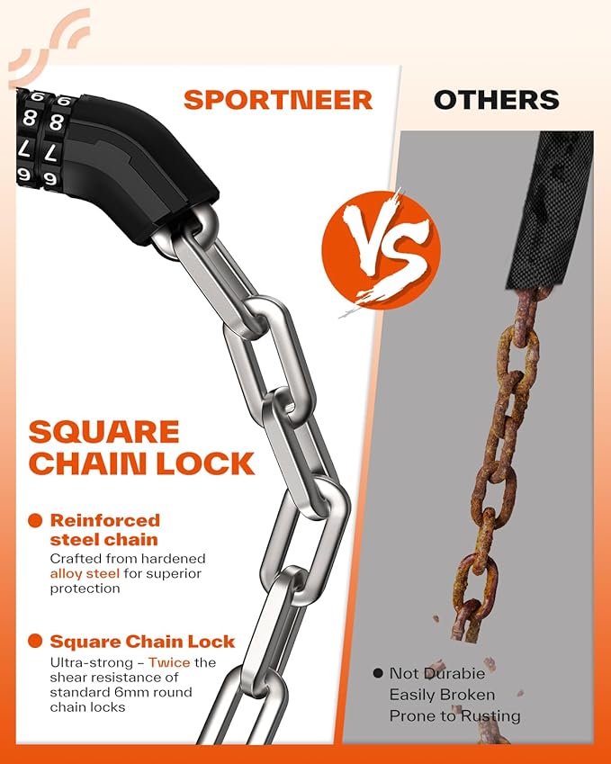 Sportneer Bike Lock: Heavy Duty 5-Digit Resettable Combination Bike Chain Lock, High Security Anti-Theft 3.2FT Hardened Steel Square Links Bicycle Lock for Road, Mountain, Electric & Folding Bikes