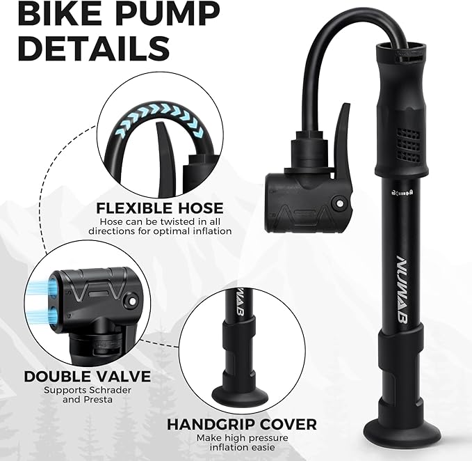 NUWAB Mini Bike Pump, 10 Inch Portable Hand Bicycle Pump, 100PSI, Support Shrader and Presta, Fast Air Out Ball Pump, Work with All Bikes and Balls, Swimming Ring, Come with Ball Needles, Nozzles