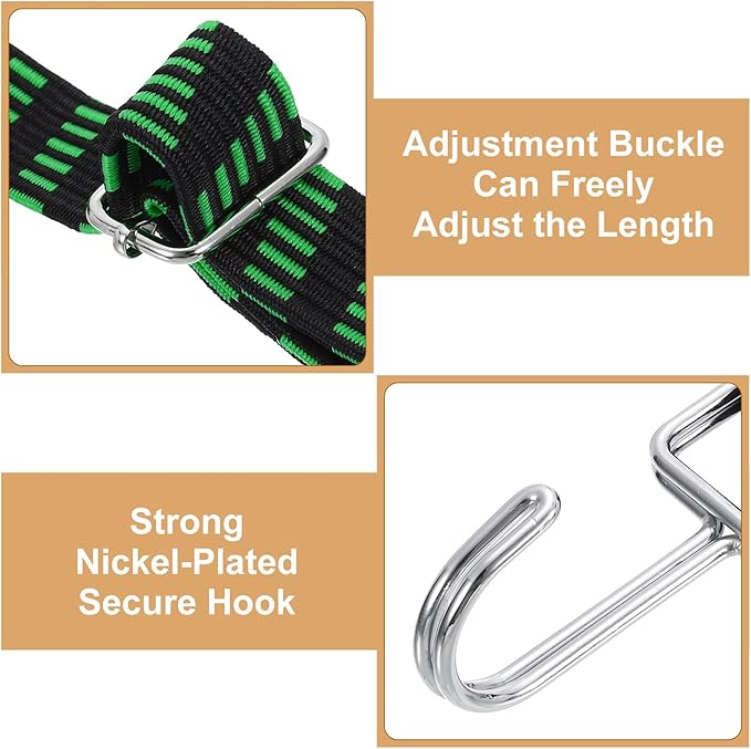 uxcell 4Pcs Adjustable Bungee Cords with Hooks, 79 Inch Flat Heavy Duty Elasticity Straps Rubber Bungee Cords with Buckle for Outdoor, Camping, Tarp, Bike Rack, Luggage, Black Green