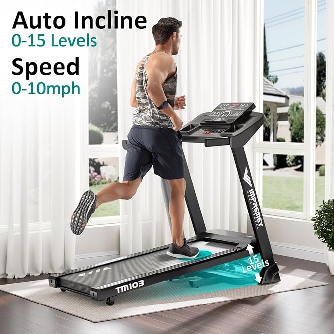 Impremey Foldable Treadmill with Incline 15 Levels for Home Exercise, Smart Heart Rate Control Walking or Running with Pulse Monitor Armband, Big Led Screen, 10 Mph, 350 lbs Capacity