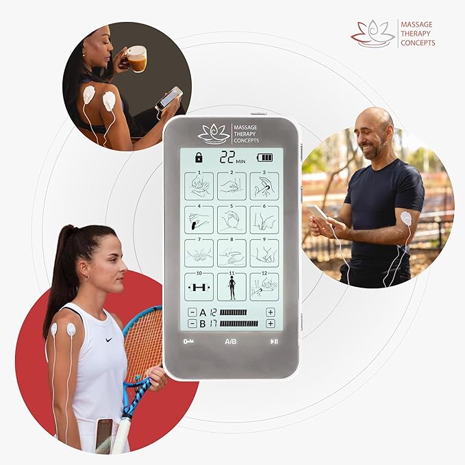 Deluxe TENS Unit Muscle Stimulator & Accessories - Non-Invasive EMS Machine for Neck & Back Pain Relief, Sciatica - Electrotherapy with 12 Modes & 20 Intensity Levels
