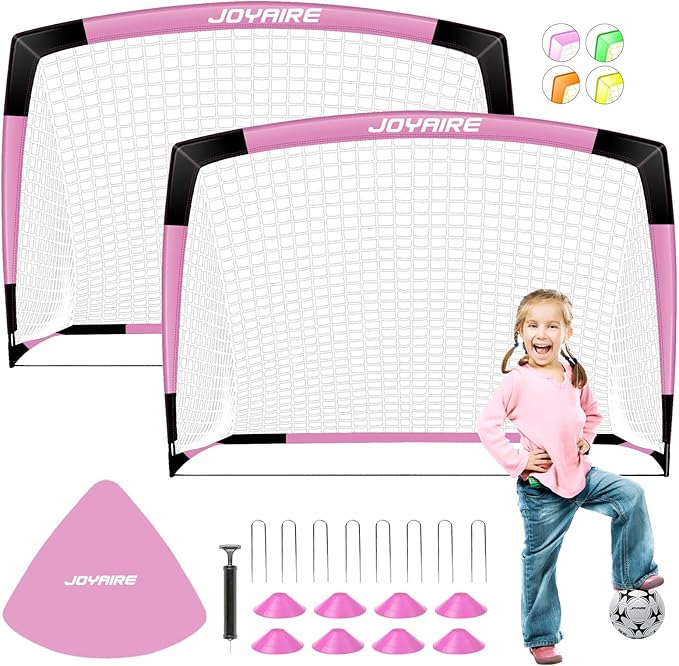 Kids Soccer Goals for Backyard Set, Portable Toddler Soccer Goal 2 of 4x3 ft, 6x4 ft, 7x5 ft, Soccer Training Equipment, Pop Up Soccer Net Kit with Size 4 Soccer Ball, Youth Games, Outdoor Sports Play