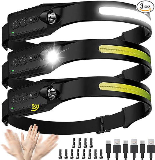 Headlamp Rechargeable (3-Pack), LED Head Lamp Flashlight, 230° Wide Beam Headband Light, 400 Lumen Super Bright, Waterproof Headlight, 5 Modes for Running, Fishing, Hiking, Camping