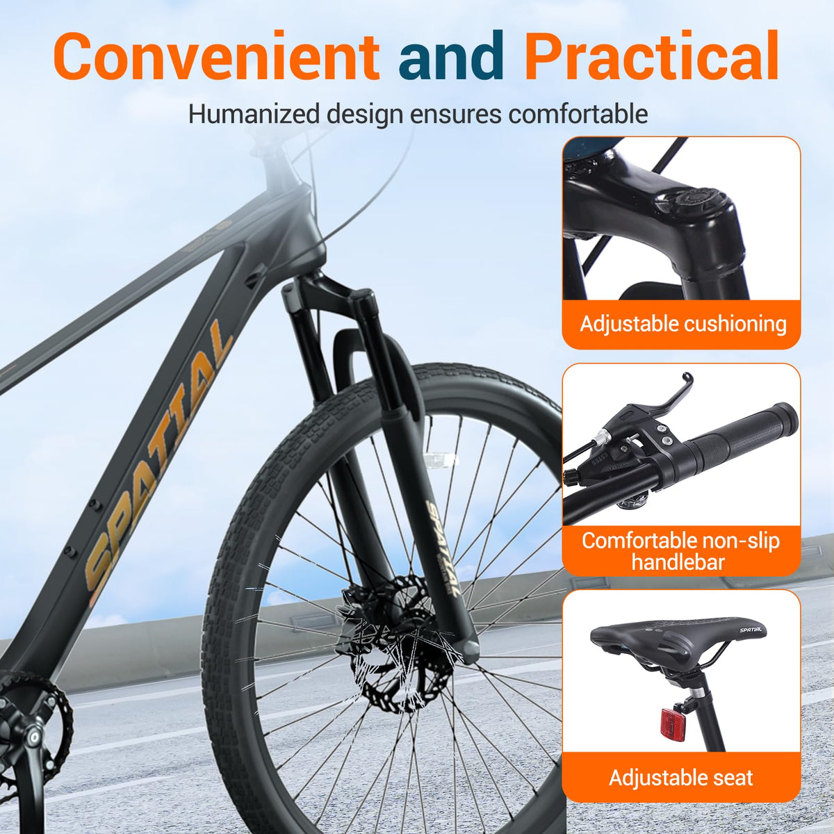 SPATIAL Mountain Bike, 24/26/27.5/29 Inch Outdoor Cycling Bike, 21/8 Speed Lightweight Aluminum Frame | Dual Disc Brakes, Adjustable Ergonomic Seat for Men Women Adult Teens (Balck, 27.5'')
