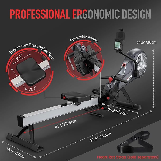 JOROTO Rowing Machine for Home Foldable, Air Magnetic Rowing Machines with 10-Level Adjustable Resistance, Quiet Ergonomic Seat，Bluetooth App, Max 350LBS, Space-Saving Home Gym, Gray
