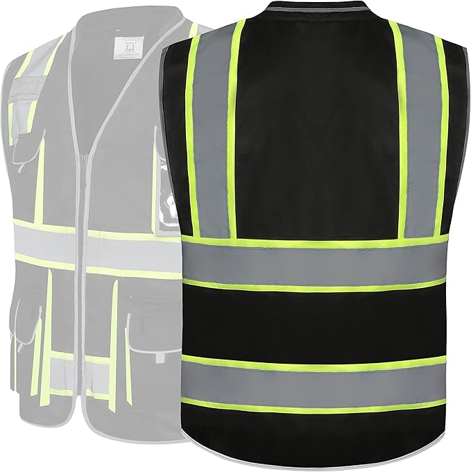 JKSafety 10 Pockets Hi-Vis Zipper Front Black Safety Vest | Cushioned Collar | High Reflective Tapes with Extended Neon Yellow Strips | Meets ANSI/ISEA Standards (Large, 89-Black)