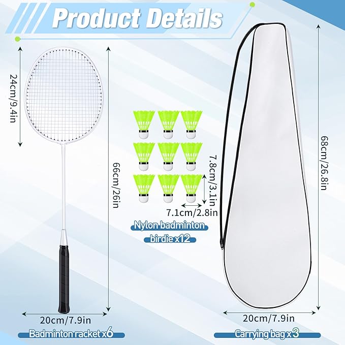 6 Packs Badminton Rackets Set Include 6 Lightweight Rackets 12 Nylon Plastic Shuttlecocks 3 Carrying Bags for Summer Outdoor Backyard Games Sports Beginners Adults